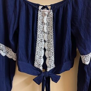 Bohemian off the shoulder Navy split back crop top w/ bow & lace detail SM/MD